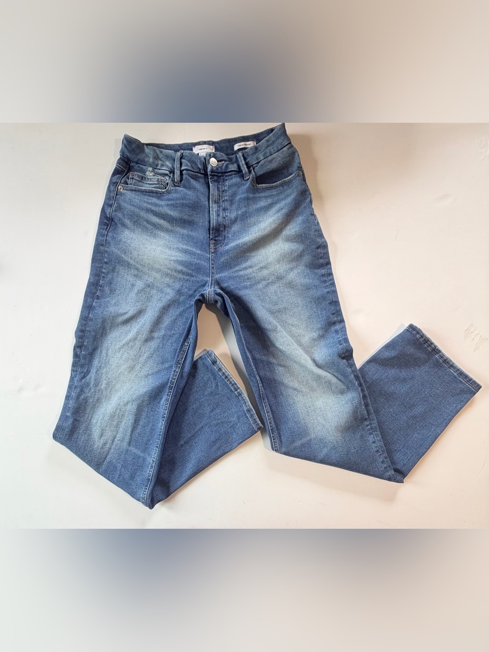 Forever 21 Men's Slim Straight Jeans in Mid Blue Wash Distressed